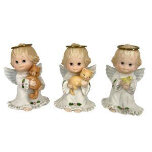 Holly Babes Ruth Morehead 1985 Set of Three Angels with Kitten Squirrel Bird